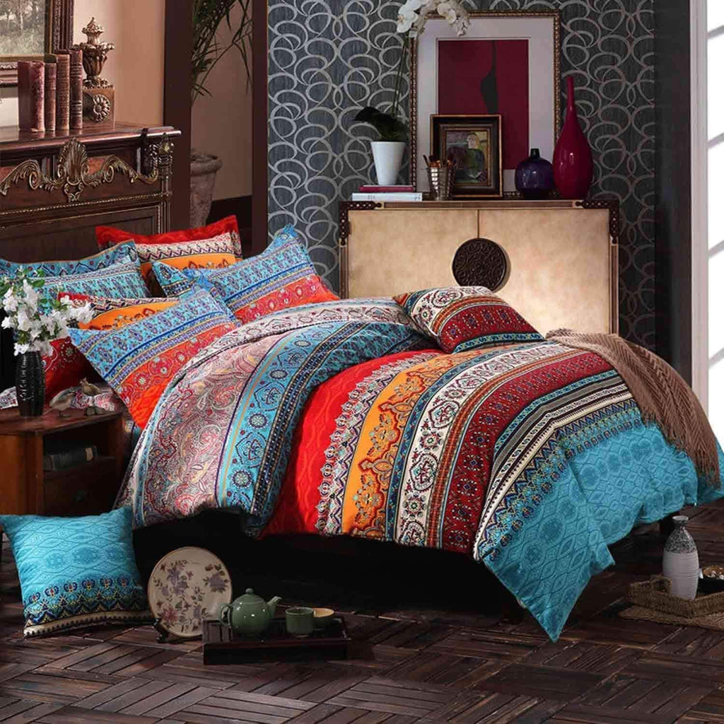 Boho King Duvet Cover, Brushed Microfiber Ethnic Bohemian Colorful Bedding Set Yellow Orange Geo Bohemian Print Duvet