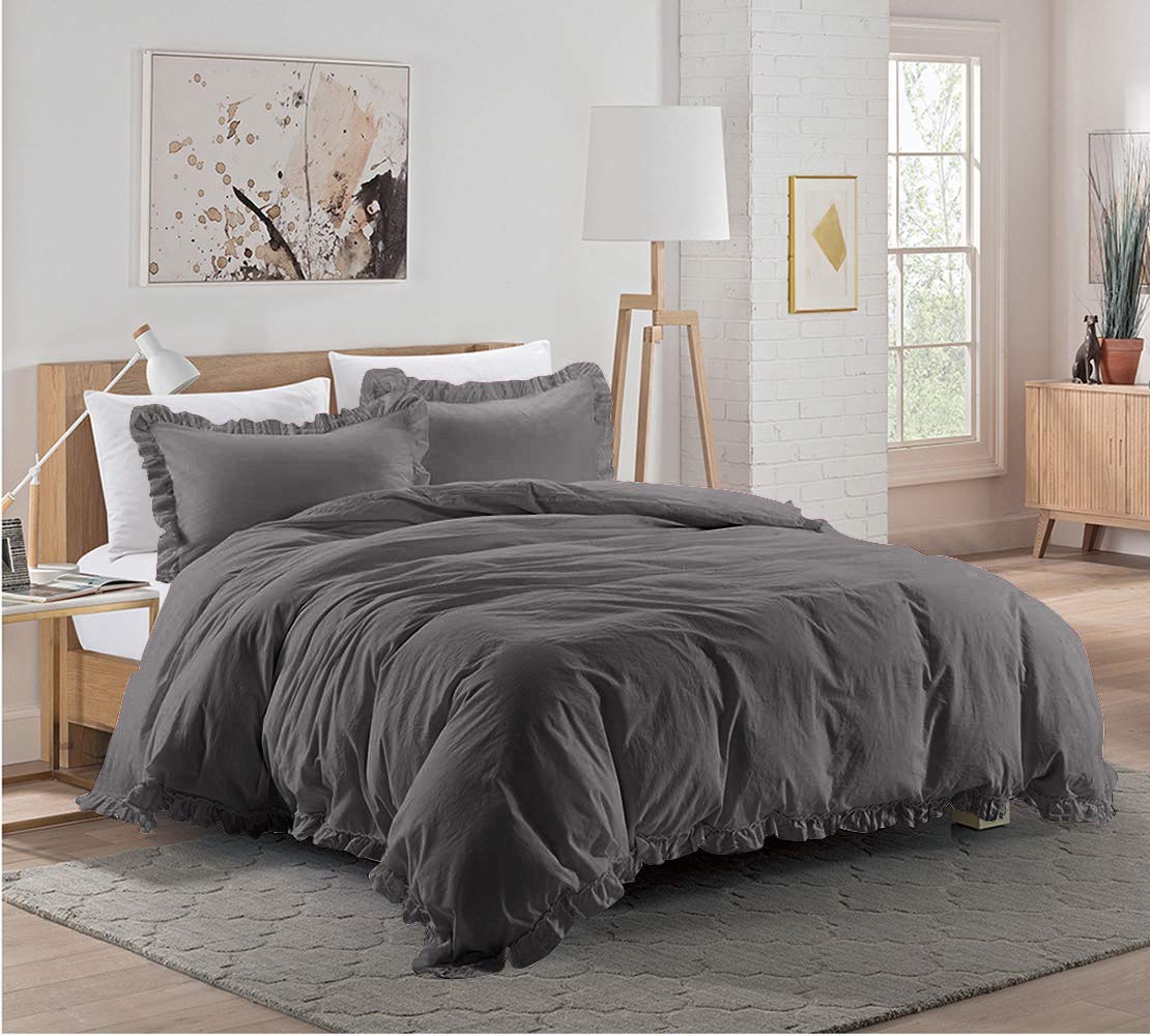 1 Pieces Ruffle Duvet Cover with Zipper Closure, 100% Egyptian Cotton 1000 Thread Count (Super King, Dark Grey)