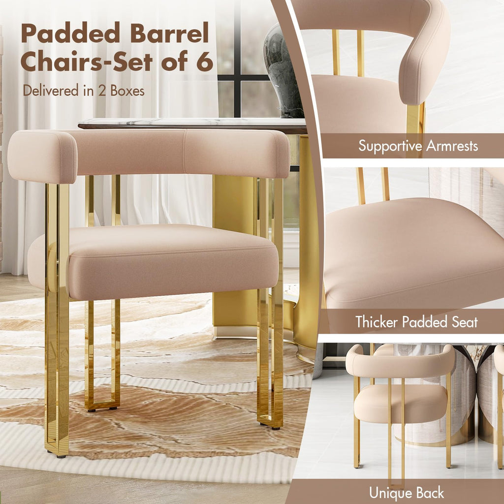 Velvet Dining Chairs Set of 6, Khaki Upholstered Barrel Armchairs with Gold Metal Legs Island, Mid Century Modern