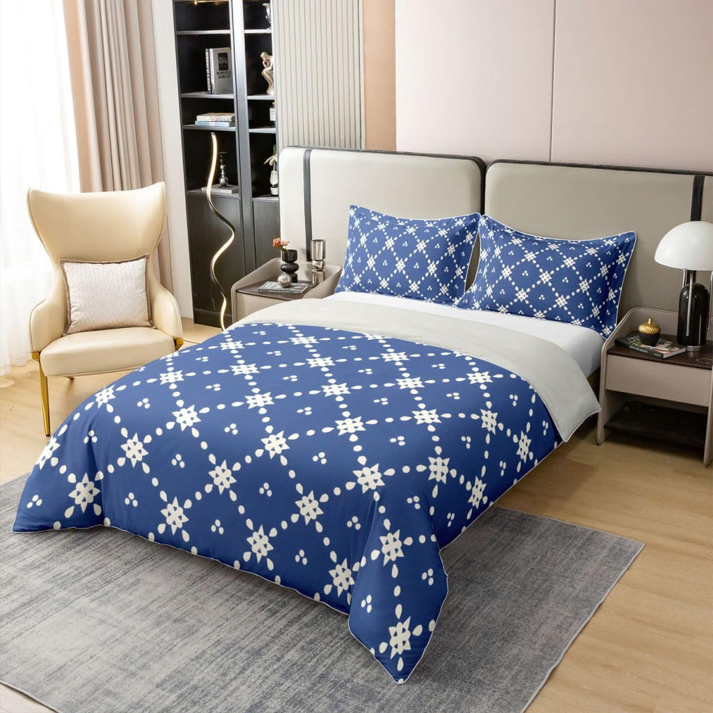 Navy Blue 100% Cotton Bedding Set Boho Floral Geometric Comforter Cover Modern Abstract Texture Duvet Cover