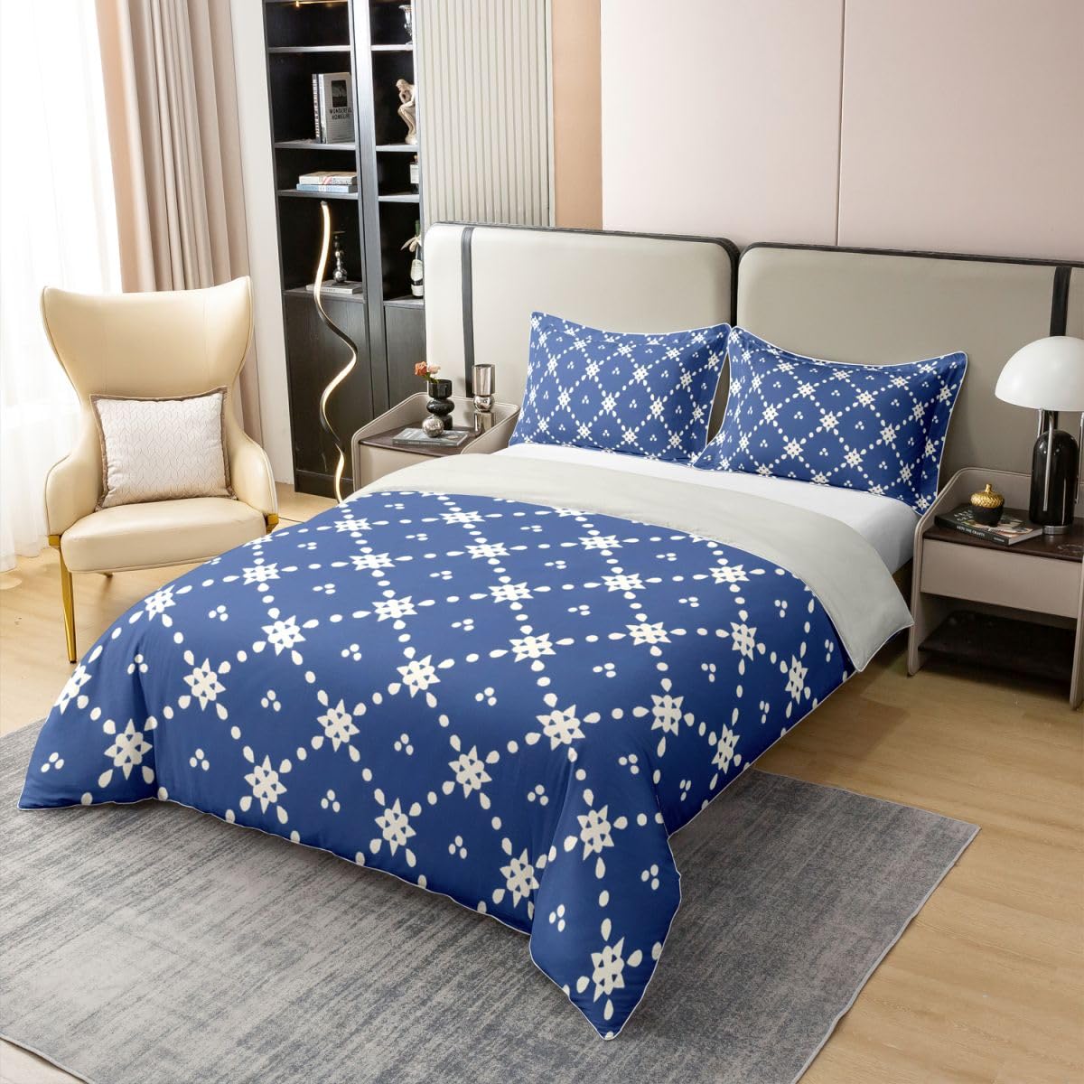 Navy Blue 100% Cotton Bedding Set Boho Floral Geometric Comforter Cover Modern Abstract Texture Duvet Cover