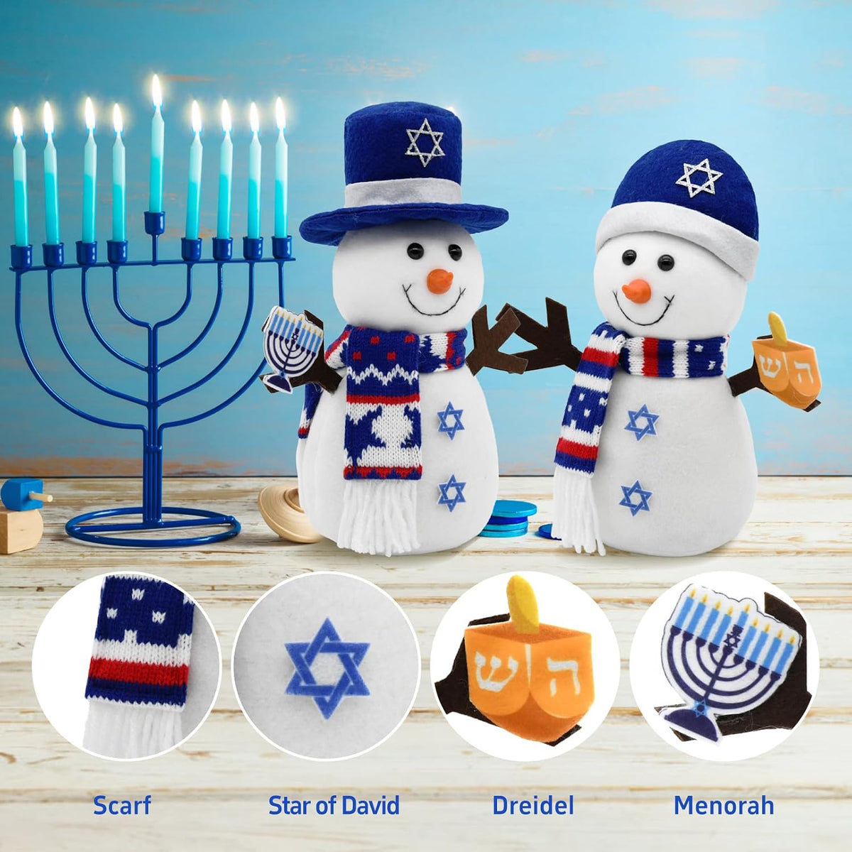 Hanukkah Decorations Indoor, Snowman Figurines with and Star of David, Jewish Gnomes Holiday Decor Chanukah - Set of 2