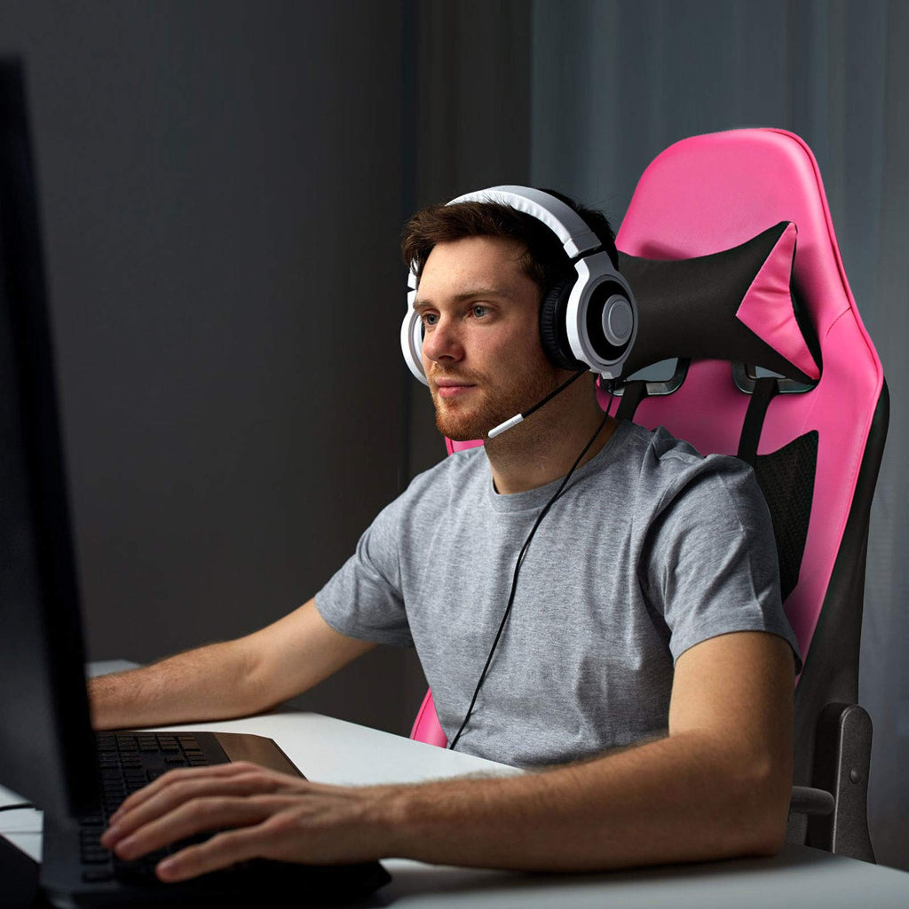 Massage Gaming Chair Pink, Ergonomic Video Game Chair with Footrest, High Back E-Sport Computer Chair with Headrest &