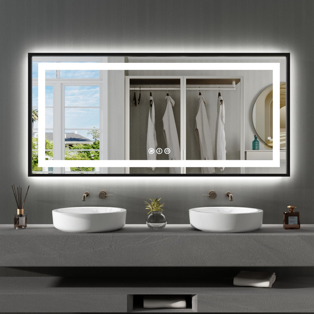 60"X28" LED Bathroom Mirror with Black Frame, Front Lit and Backlit
