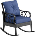 Outdoor Wicker Rocking Chair Padded Cushions Aluminum Navy Blue | Furniture Rattan Porch Rocker Chair, Armrest