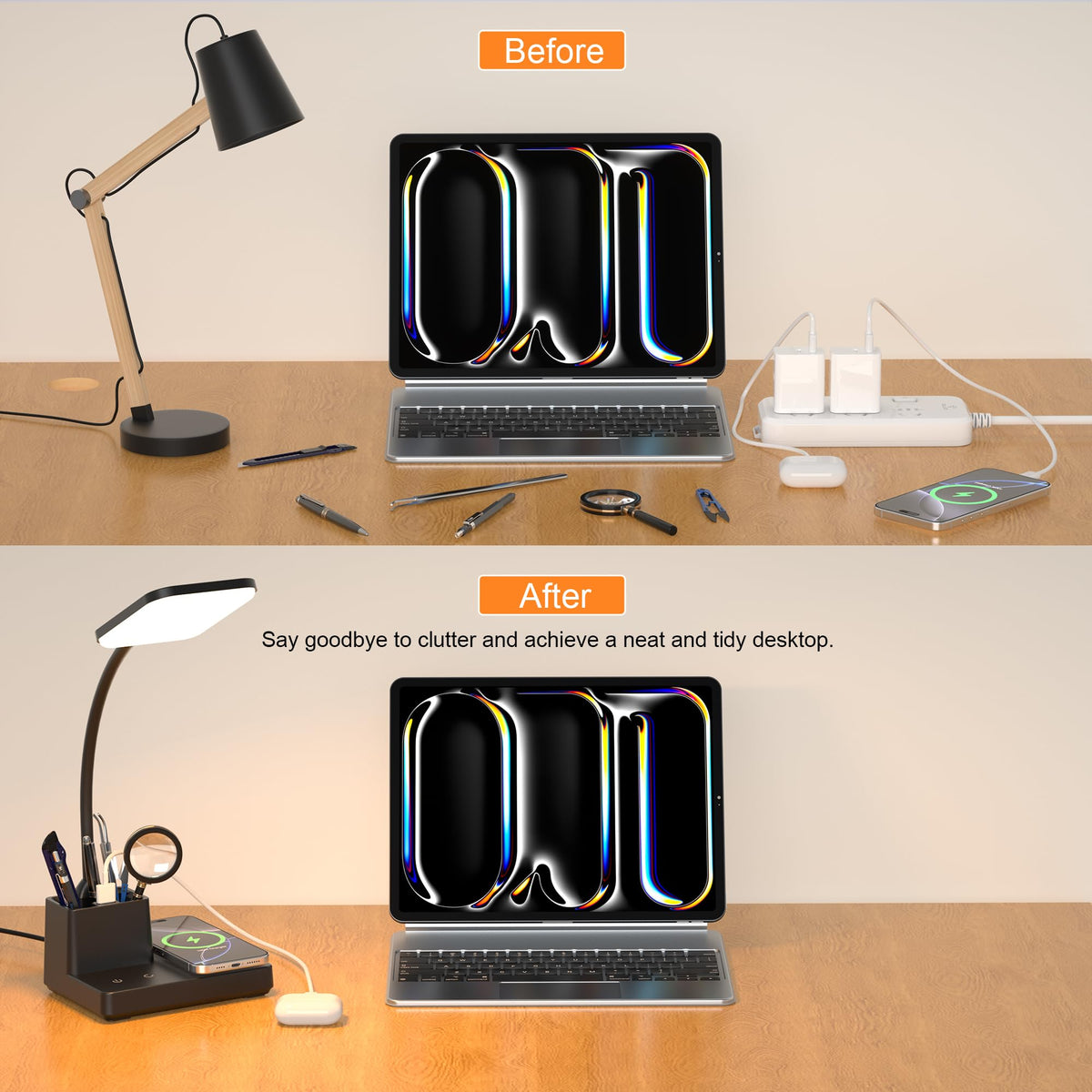 Wireless Charging Desk Lamp USB Charging & Pen Holder, Matte Black