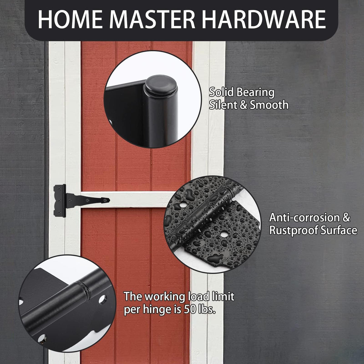 8" Heavy Duty Gate Hinges, 6 Pack Black T Strap Hinges