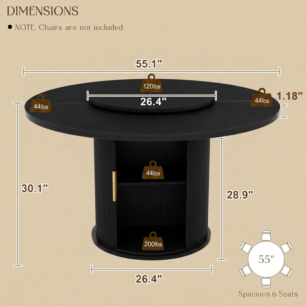 Inspired Saarinen Style 55" Fluted Round Dining Table for 4-6, Mid-Century Modern Kitchen Table with Rotating Tray, 2-Tier Storage Shelf