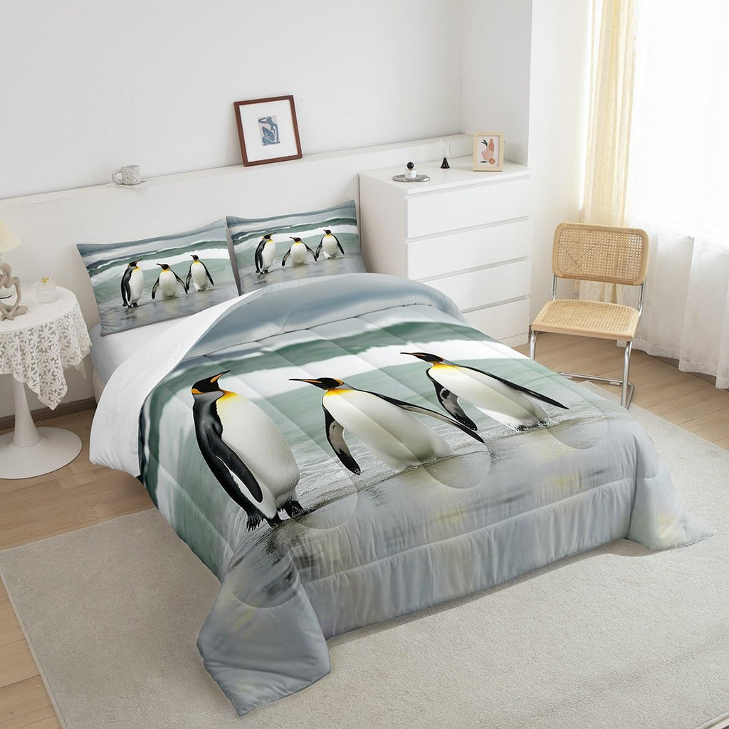 Cute Penguin Comforter Set Coastal Ocean Wave Bedding Set 3D Penguins Wildlife Bedding Home Decor Green Gray