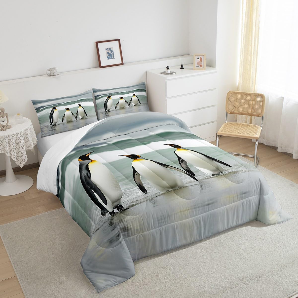 Cute Penguin Comforter Set Coastal Ocean Wave Bedding Set 3D Penguins Wildlife Bedding Home Decor Green Gray