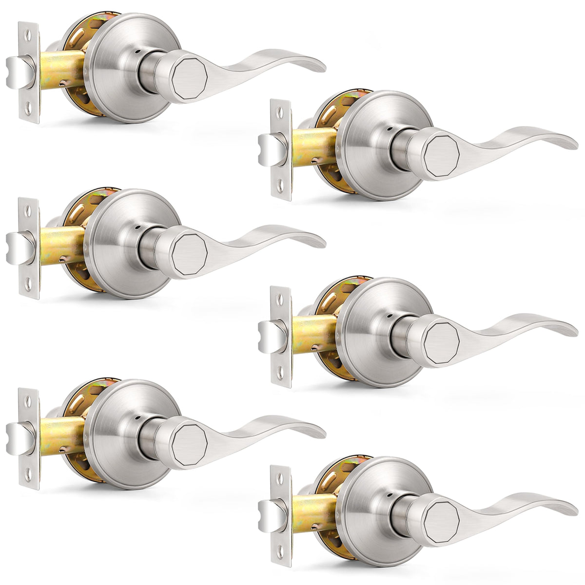 Satin Nickel Passage Door Levers, Wave Style Handles Keyless Interior Leversets and Closet, 6 Pack