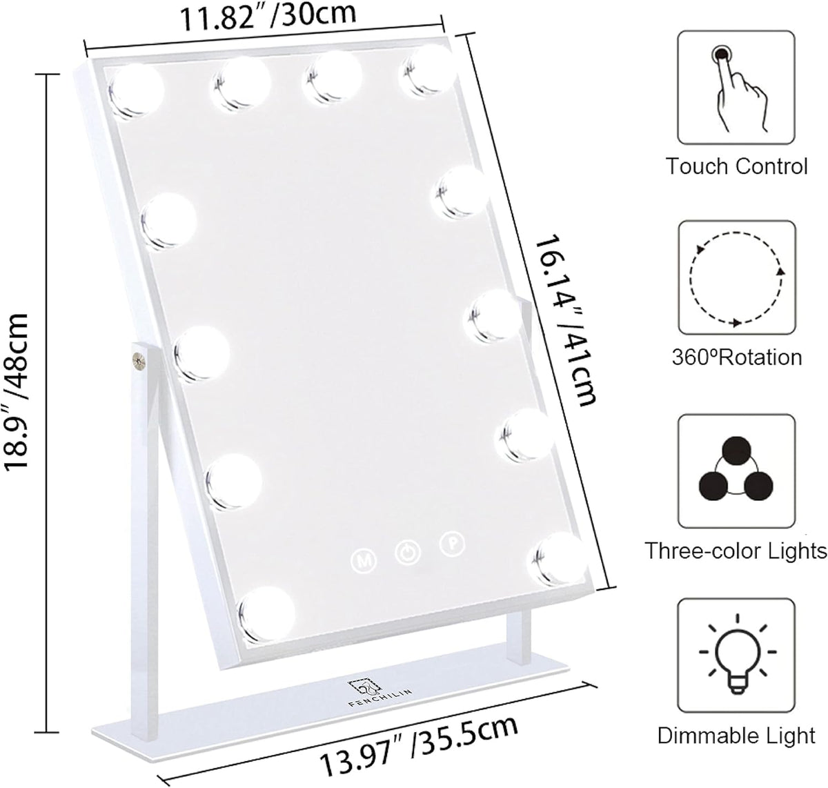 Vanity Mirror with Lights, 19''x12'' Makeup Hollywood Mirror for Desk with 12 Bulbs Light Smart Touch Control 3 Colors