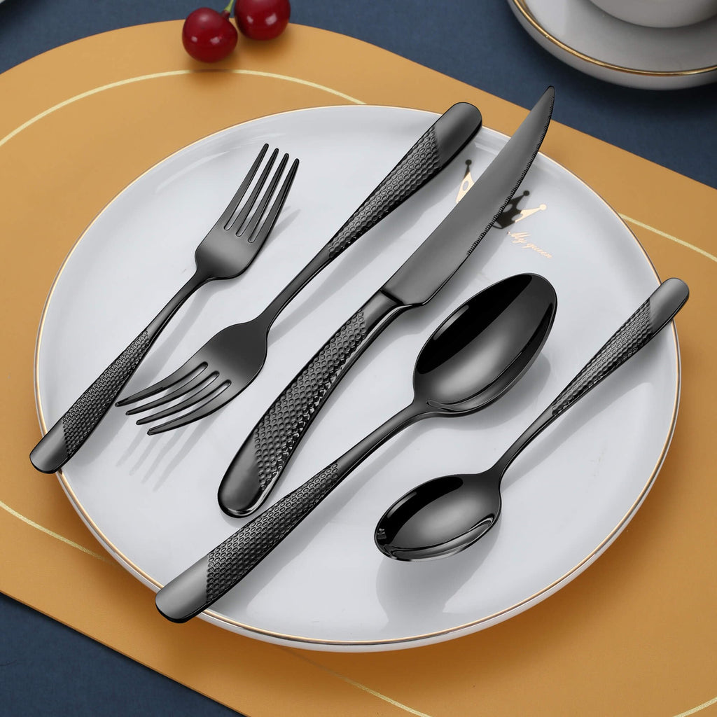 20-Piece Hammered Black Silverware Set for 4,18/10 Stainless Steel Flatware Set with Serrated Forged Knives,Heavy
