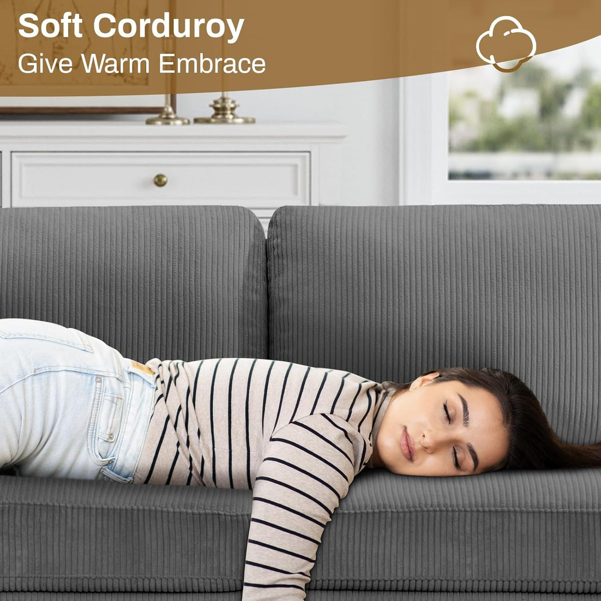 Oversized Modular Sectional Sofa, U/L‐Shaped Reversible Couch with Ottoman, Deep Seat Corduroy Sofa, 16‐Seater, Grey