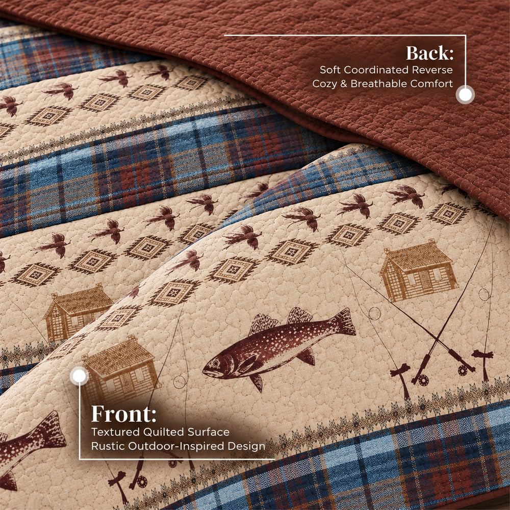 River Fly Fishing Themed Rustic Cabin Lodge Quilt Stitched Bedspread Bedding Set With Fishing Rods Lure With