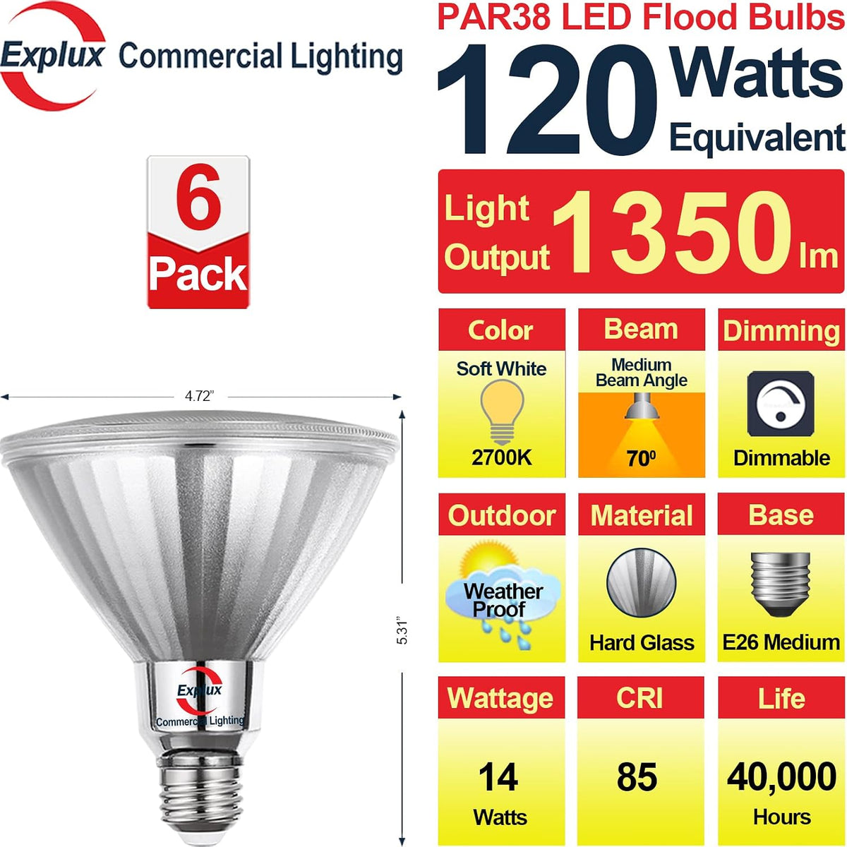 Full Glass LED PAR38 Bulb, 120W Equivalent, Soft White 2700K, 6-Pack