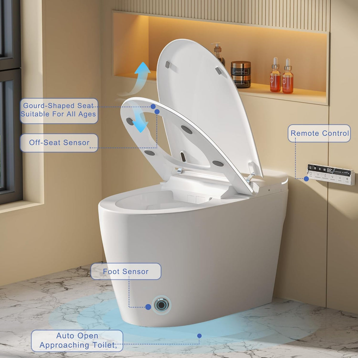 Luxury Smart Toilet with Foam Shield Auto-Open/Close Lid,One Piece Bidet Toilet Heated Seat for Bathrooms