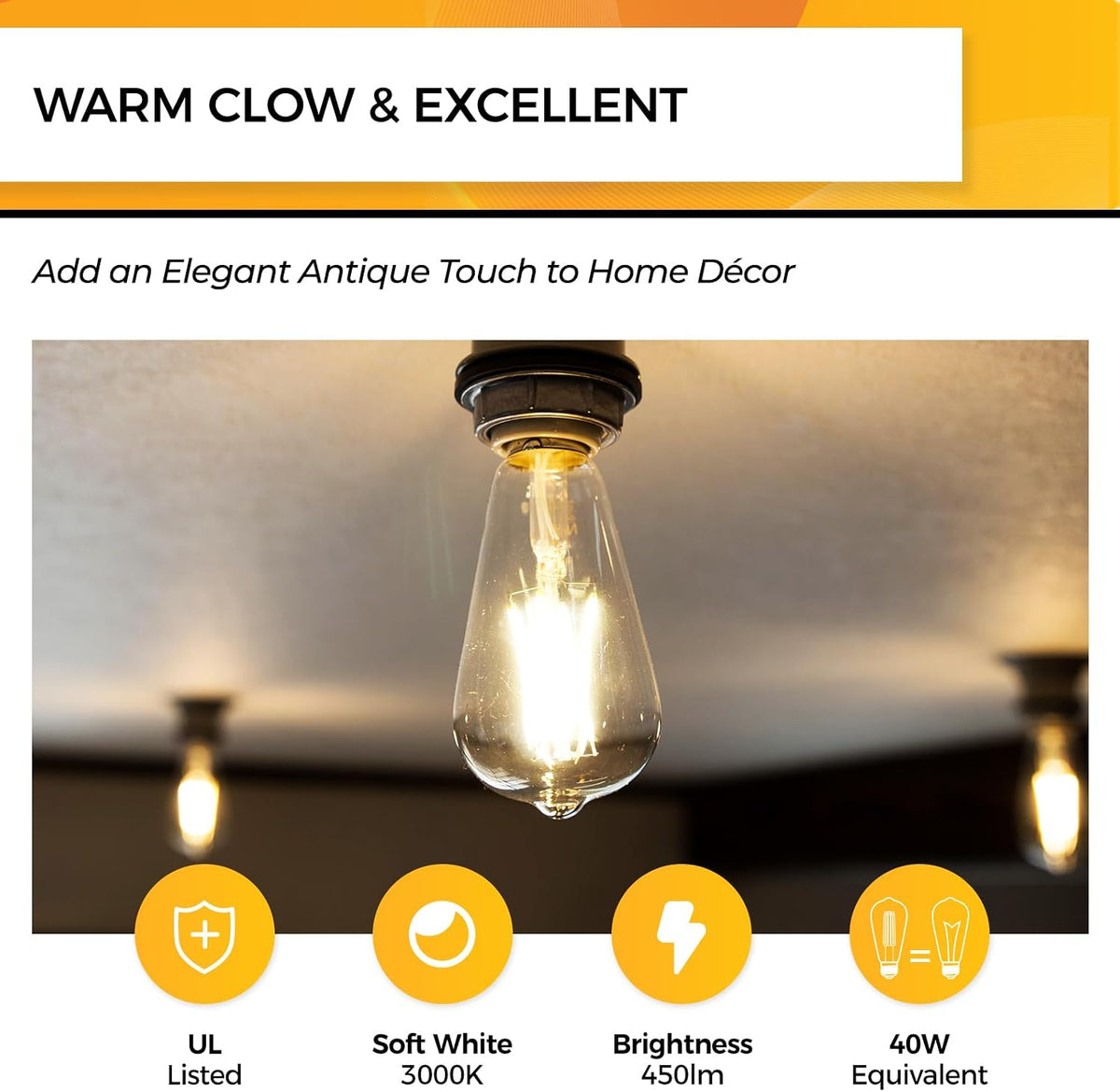 Edison Bulbs Dimmable, E26 40w Bulb, 3000K 450ML