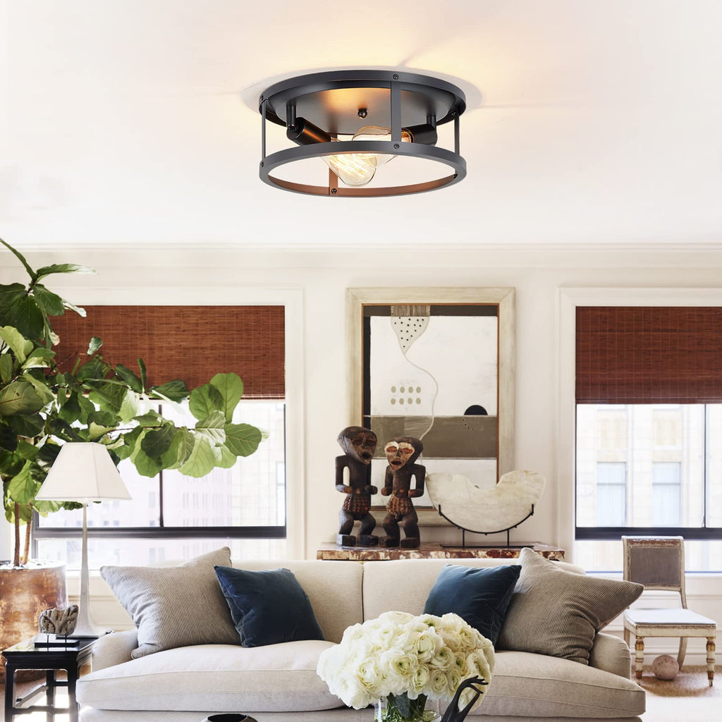 2 Pack Flush Mount Ceiling Light, 13 Inch Industrial Farmhouse Ceiling Light Fixture, 2-Light Matte Black Flush Mount