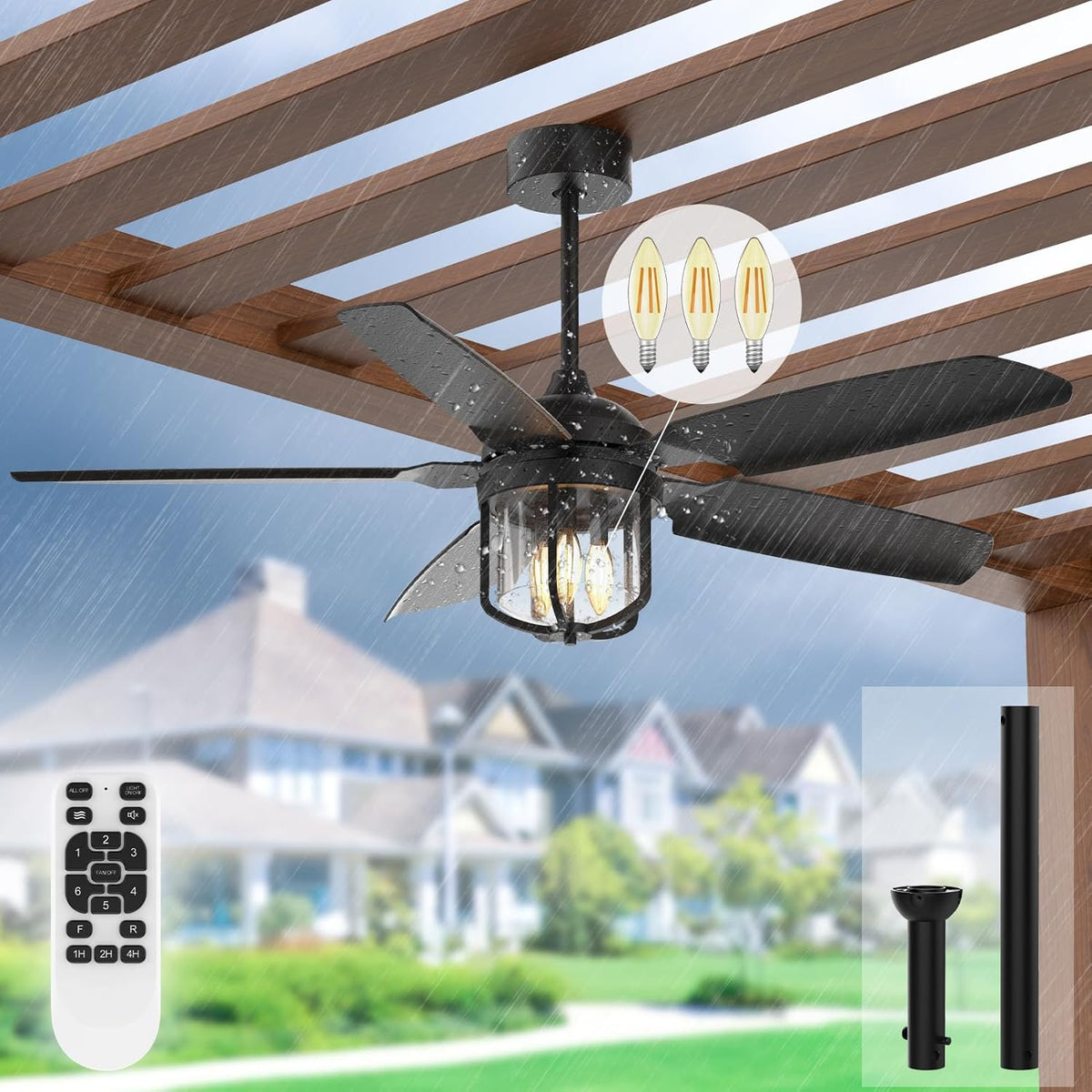 52-Inch IP65 Waterproof Outdoor Ceiling Fan with Lights for Patios