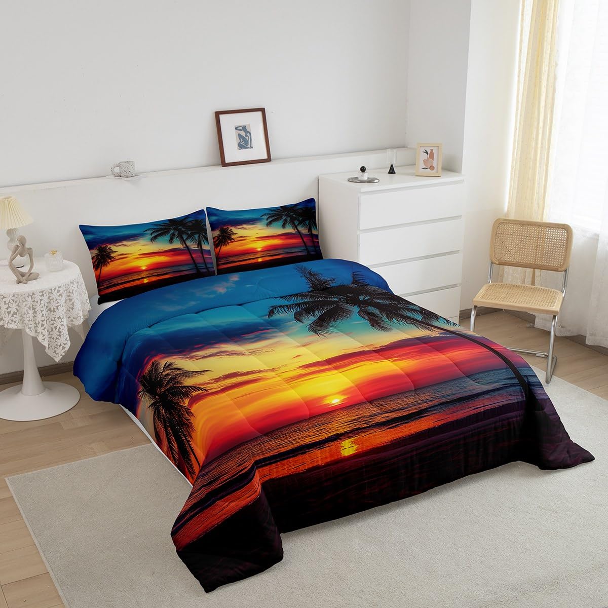 Palm Leaf Comforter Set, Ocean Beach Down Comforter, Nature Theme Duvet Set, Sunset Bedding Set Decorative