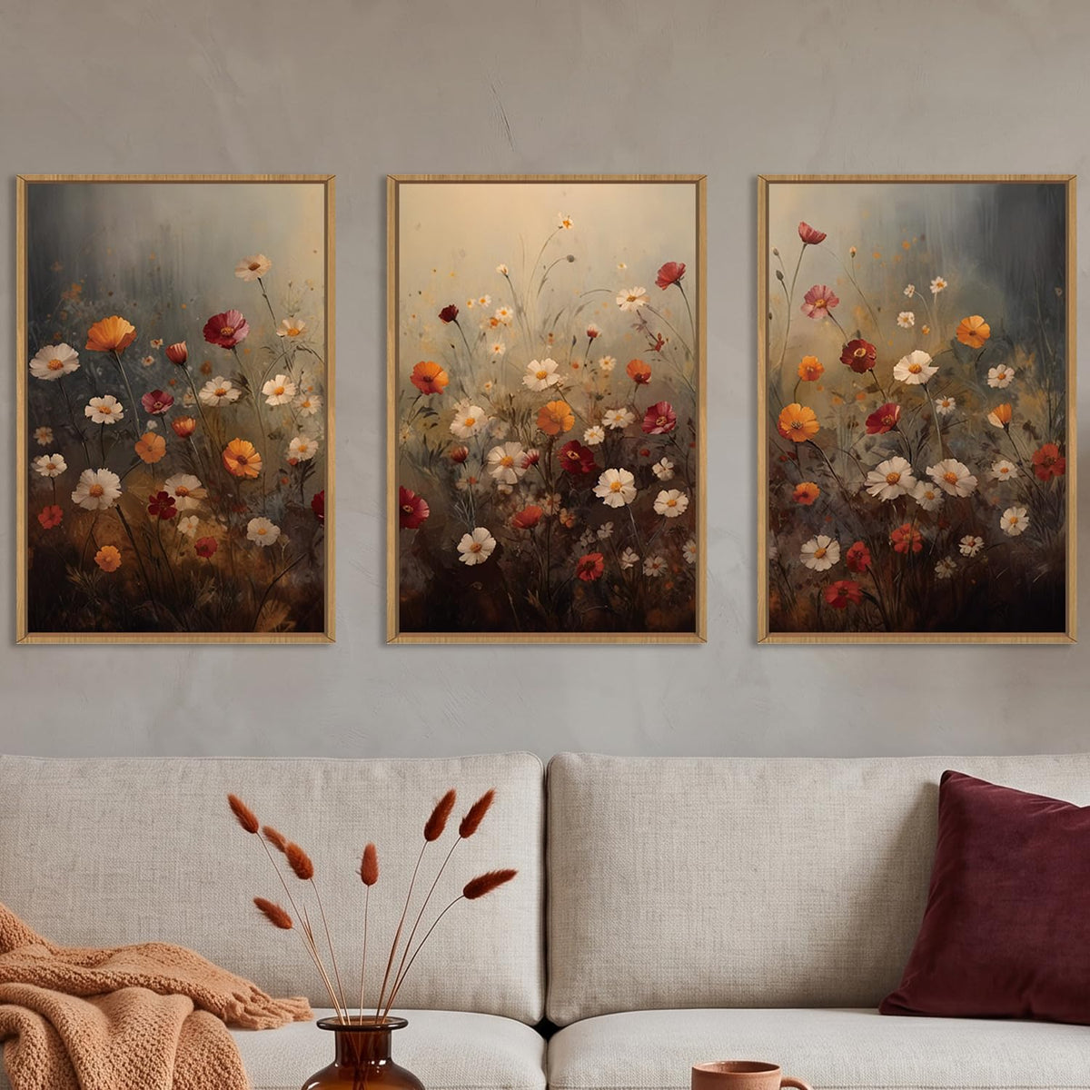 Moody Colorful Wildflower Framed Canvas Wall Art Set, Vintage Daisy Floral Wall Decor, Watercolor Flowers Art