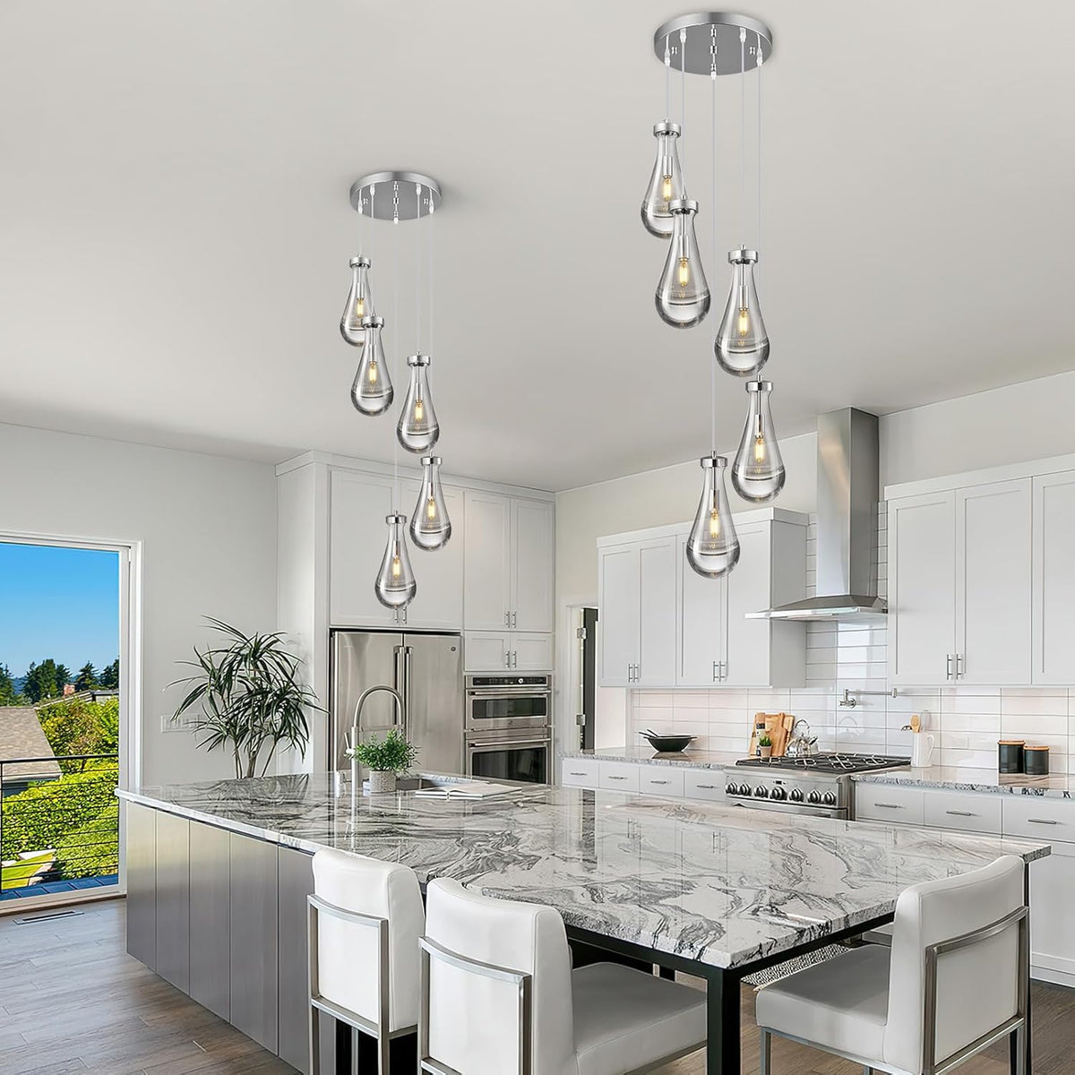 Raindrop Pendant Lights Kitchen Island Teardrop Chrome Hanging Light Fixtures Clear Solid Glass Pendant Light Modern Chandeliers for Dining Room Porch Corridor Living Room (5-Light)