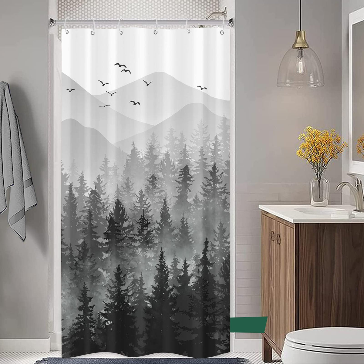 Stall Small Black and White Misty Forest Shower Curtain Ombre Gray Grey Mountain Pine Tree Waterproof Fabric Shower