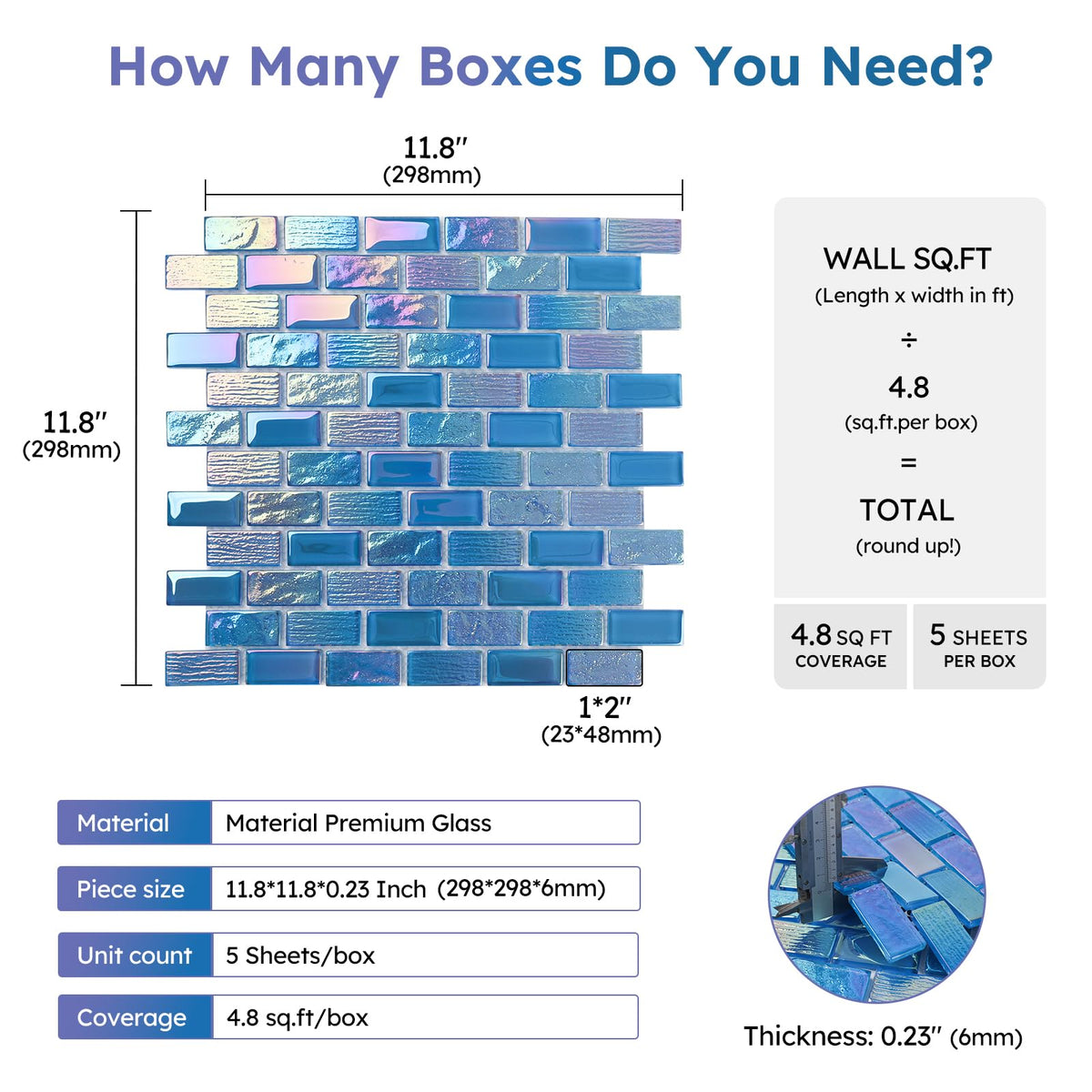 Pool Glass Mosaic Tiles, Iridescent Blue, 1x2 Inch Brick, 5 Sheets