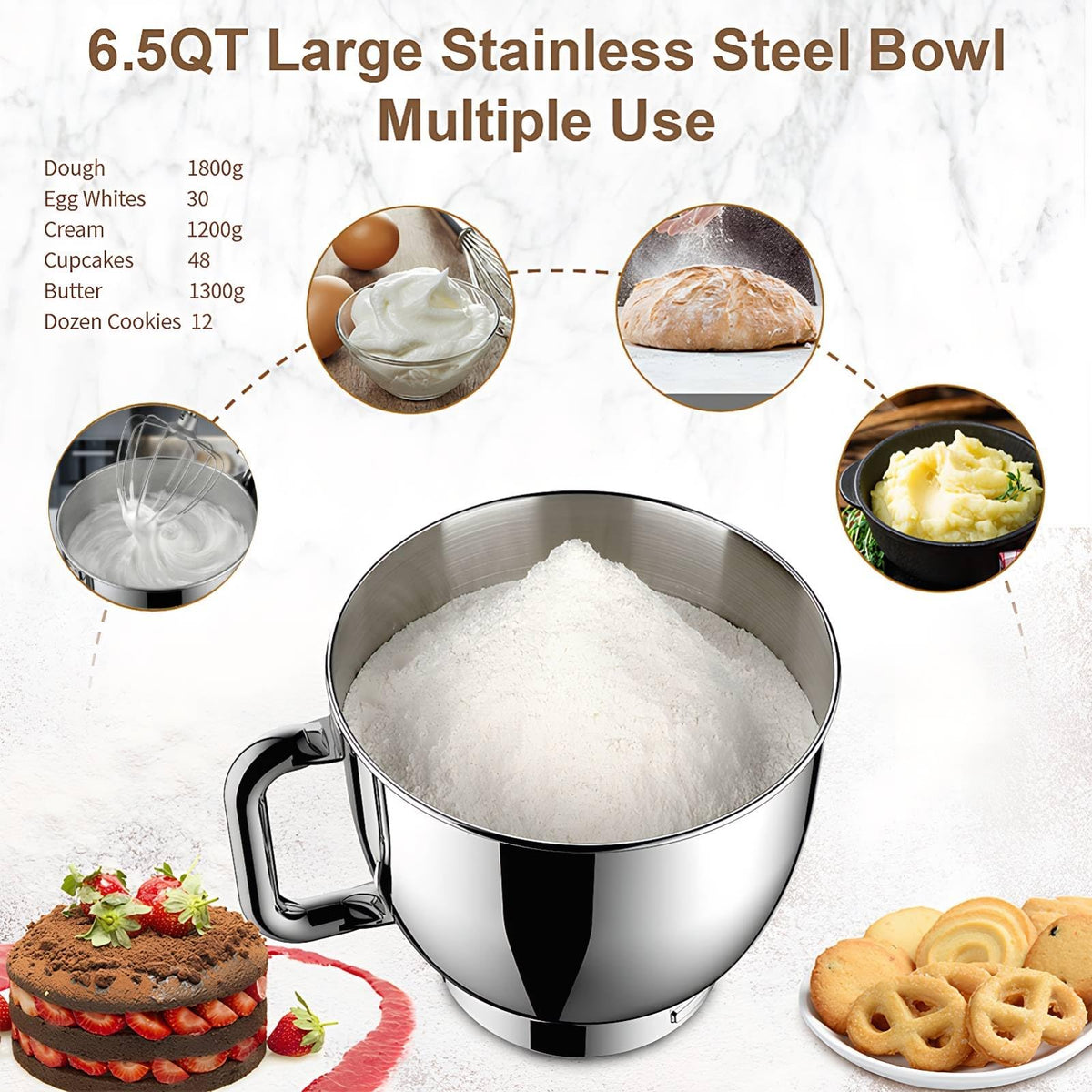 Electric Stand Mixer with LED Display & Timer 6.5QT Bowl Stainless Steel, 1350W 6-Speeds Kitchen Stand Up Mixer for