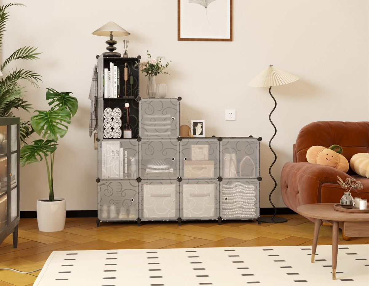 12 Cube Storage Organizer, Closet Storage Shelves with Doors, Black
