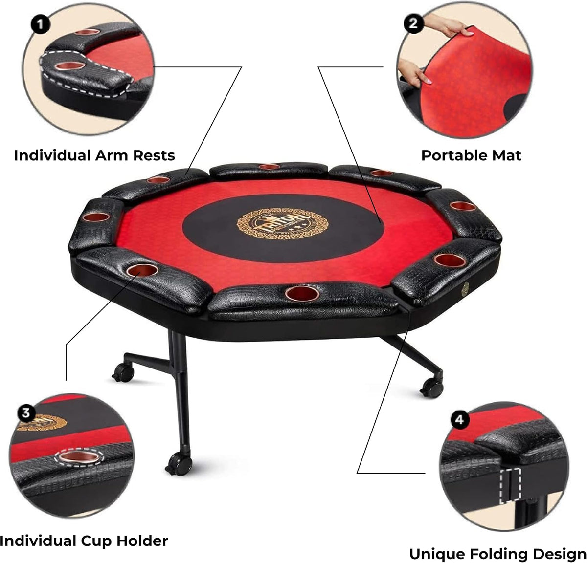 Triton Foldable Poker Table with 8 Chairs and an Additional Mat- Premium Soft-Padded Armrest, Individual Cup Holders