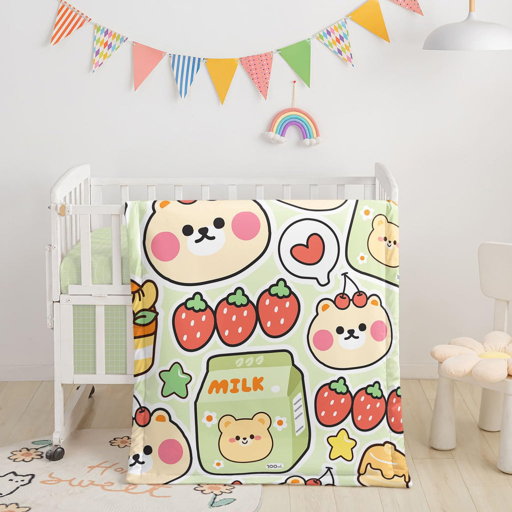 Crib Bedding Set,3pcs Nursery Crib Bedding with Comforter Crib Sheet & Crib Skirt,Cute Bear Milk Strawberry Printed