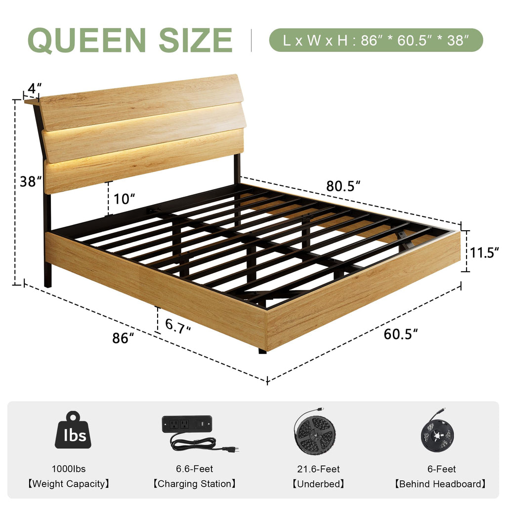 Floating Bed Frame Queen with Led Lights and Charging Station, Wood Queen Size Bed Frame with Storage Headboard