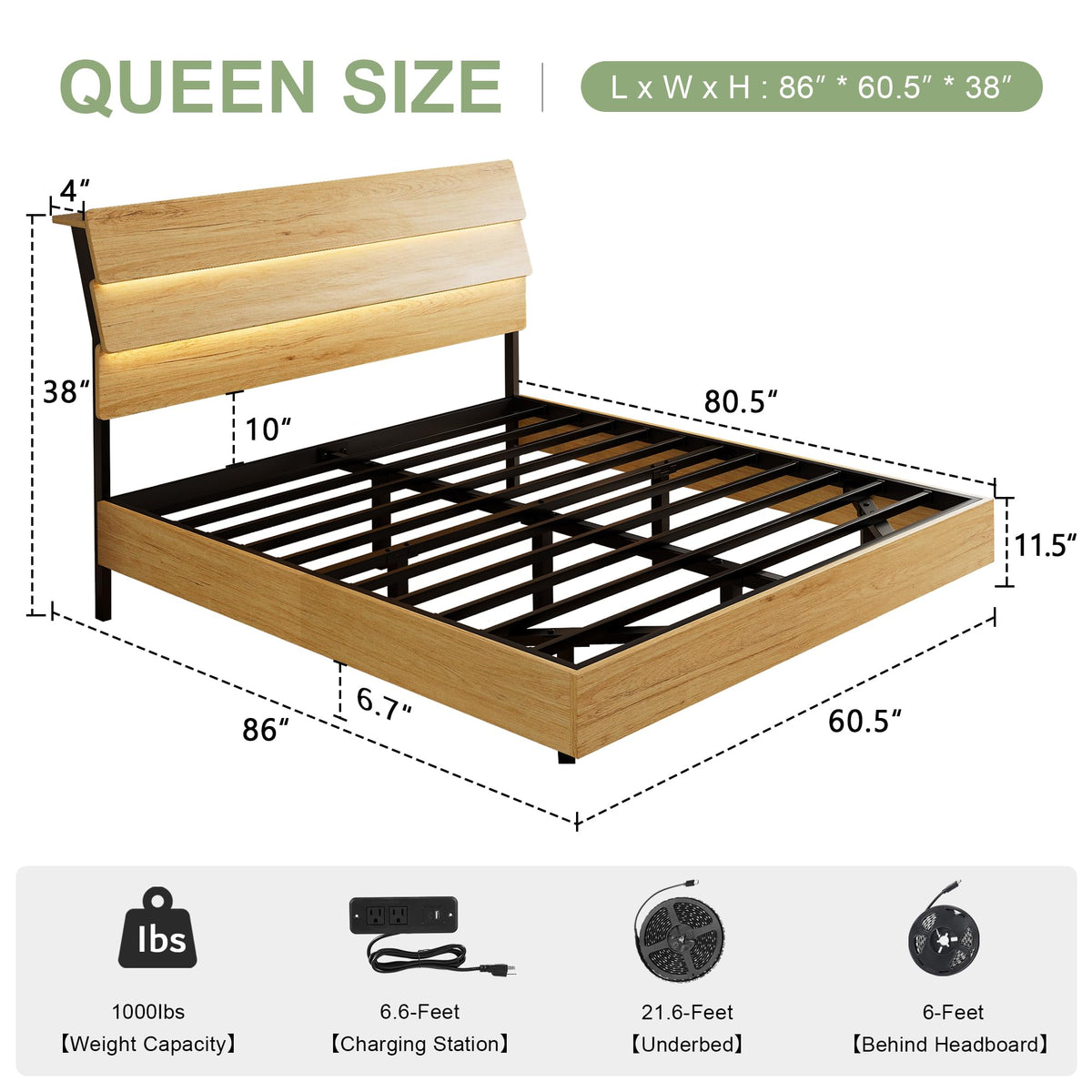 Floating Bed Frame Queen with Led Lights and Charging Station, Wood Queen Size Bed Frame with Storage Headboard