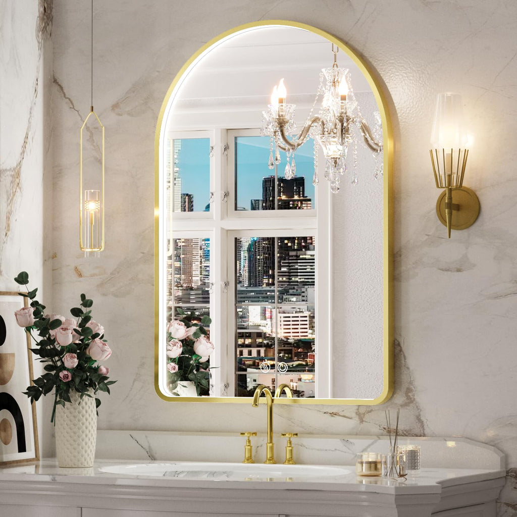 20x30 Inch Gold Framed Arched LED Mirror,3 Color