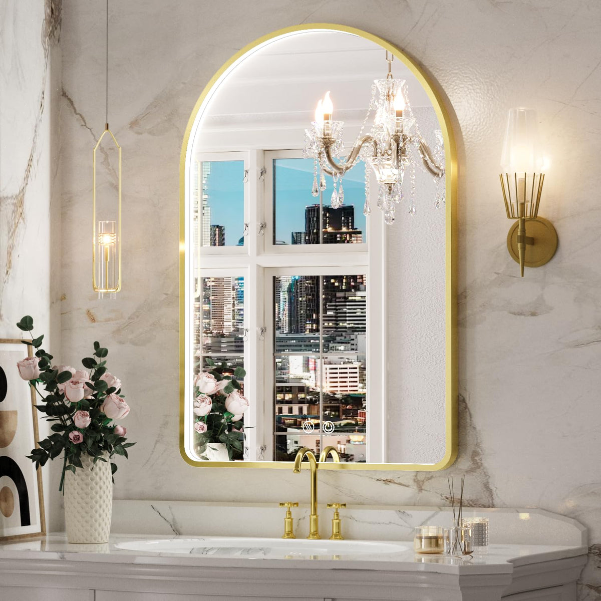 20x30 Inch Gold Framed Arched LED Mirror,3 Color