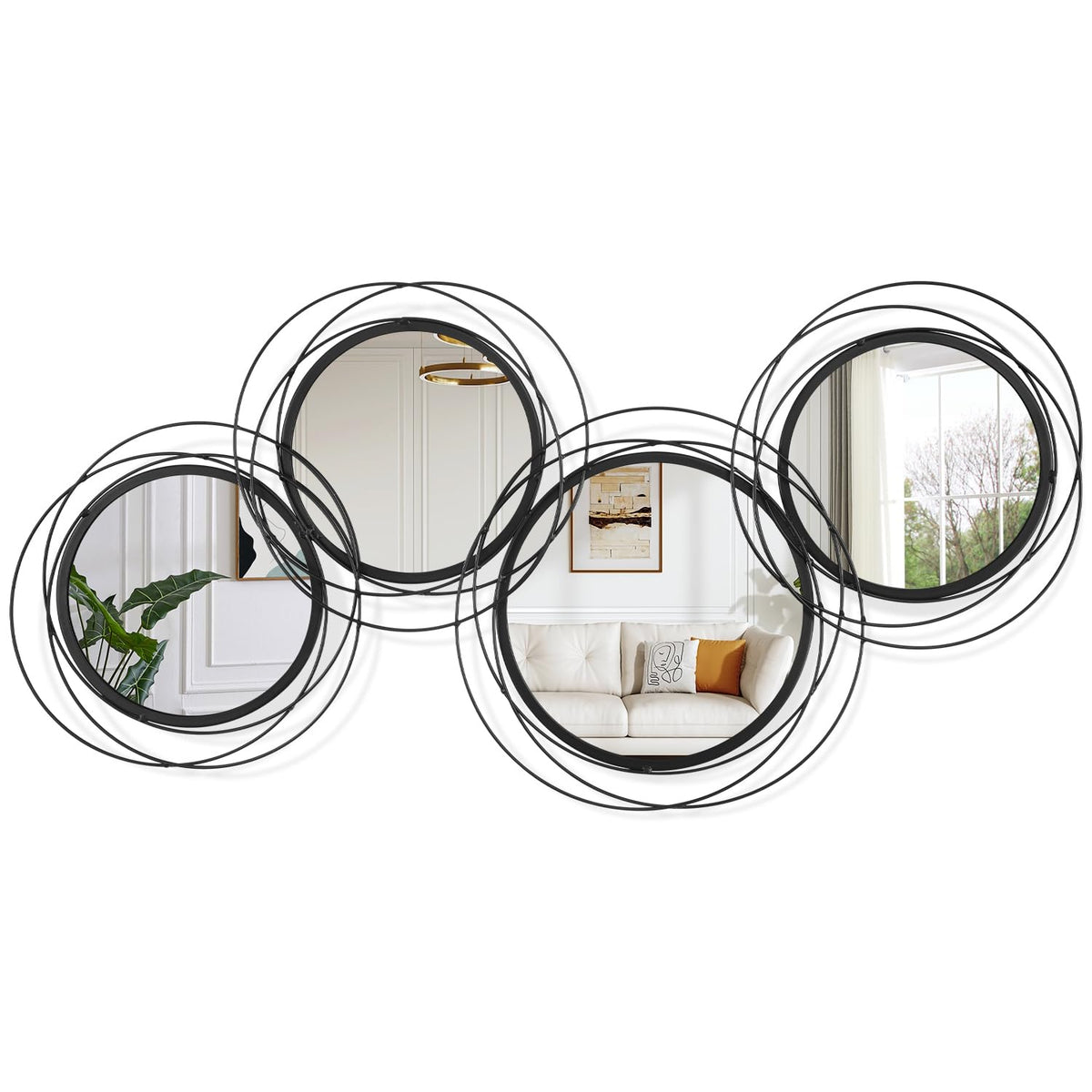 Round Decorative Wall Mirror, Black 4 Pcs Circle Modern Mirror Wall Art Ring Metal Mirrors Wall Mounted Bedroom