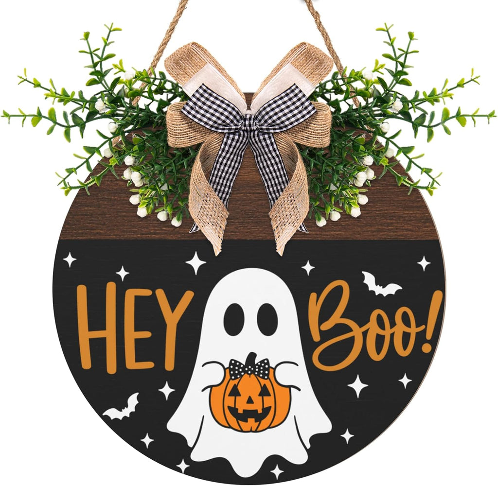 Halloween Hey Boo Door Sign Outdoor Decor Ghost Pumpkin Door Wreath Front Door Hanger Holiday Wooden Signs Outdoor