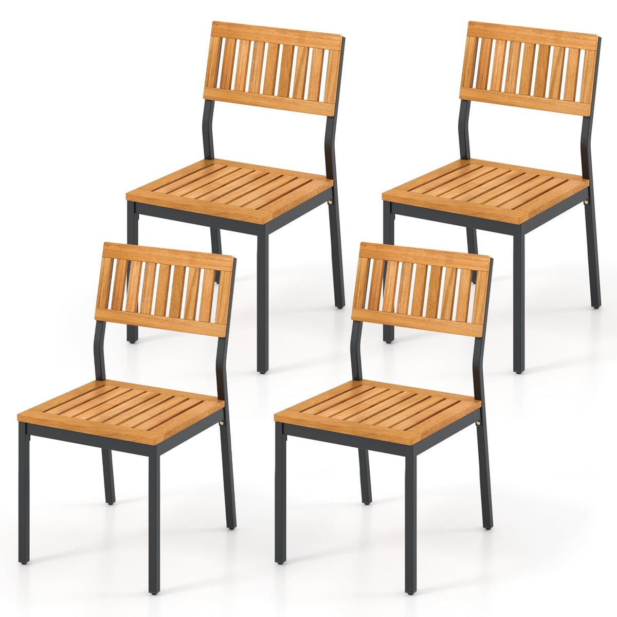 Patio Dining Chair Set of 4, Outdoor Acacia Wood Chairs with Metal Frame, All-Weather Bistro Chairs, for Indoor Lawn