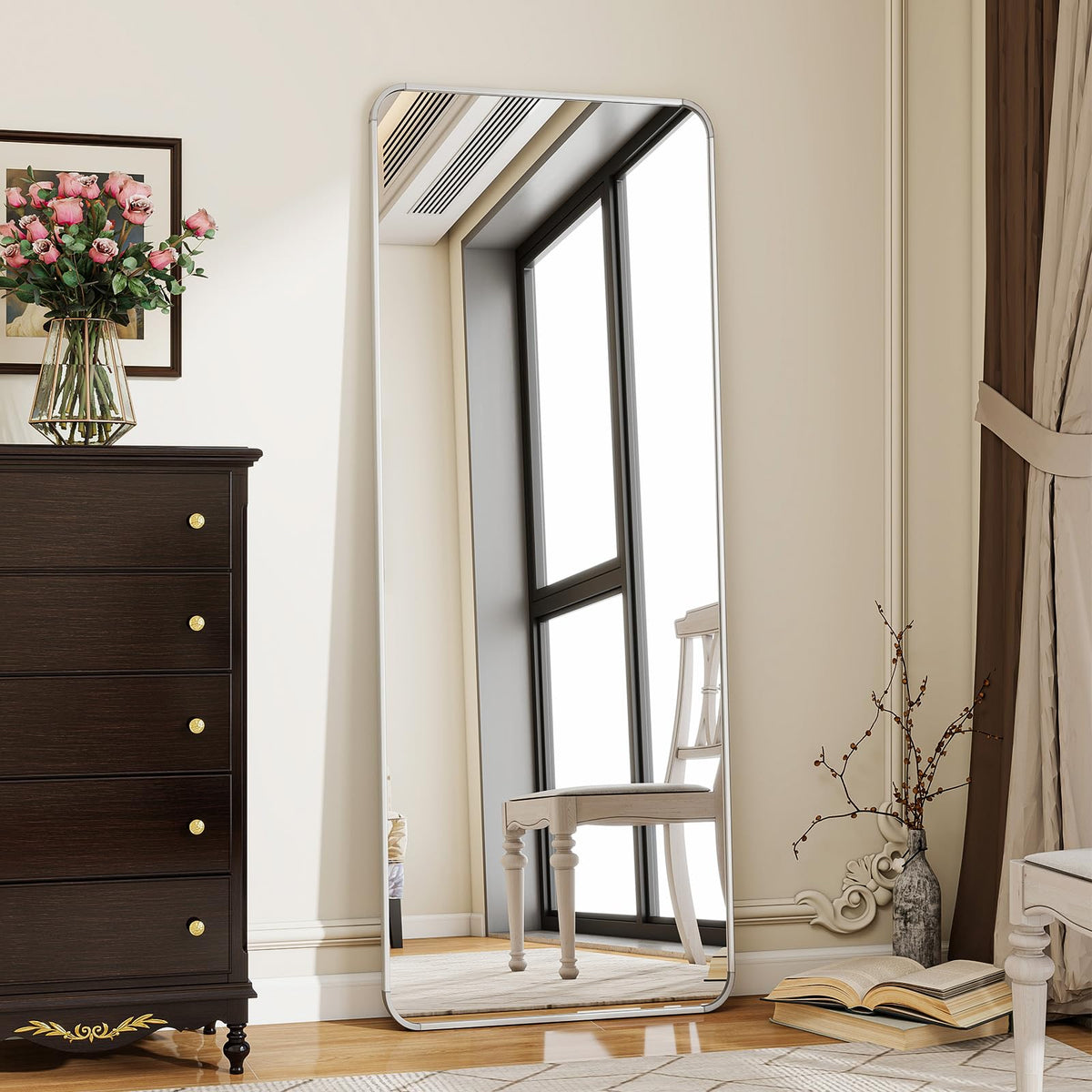 56" x 21" Rounded Corner Full Length Mirror with Stand, Silver