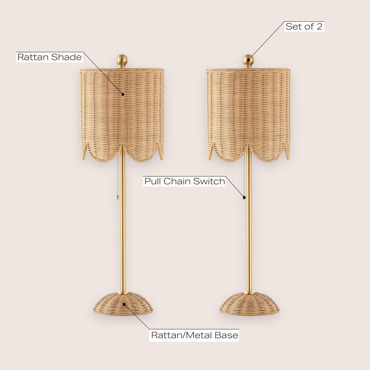 Celerie 27.5" Rattan Buffet Lamp, Natural/Brass Gold, Set of 2