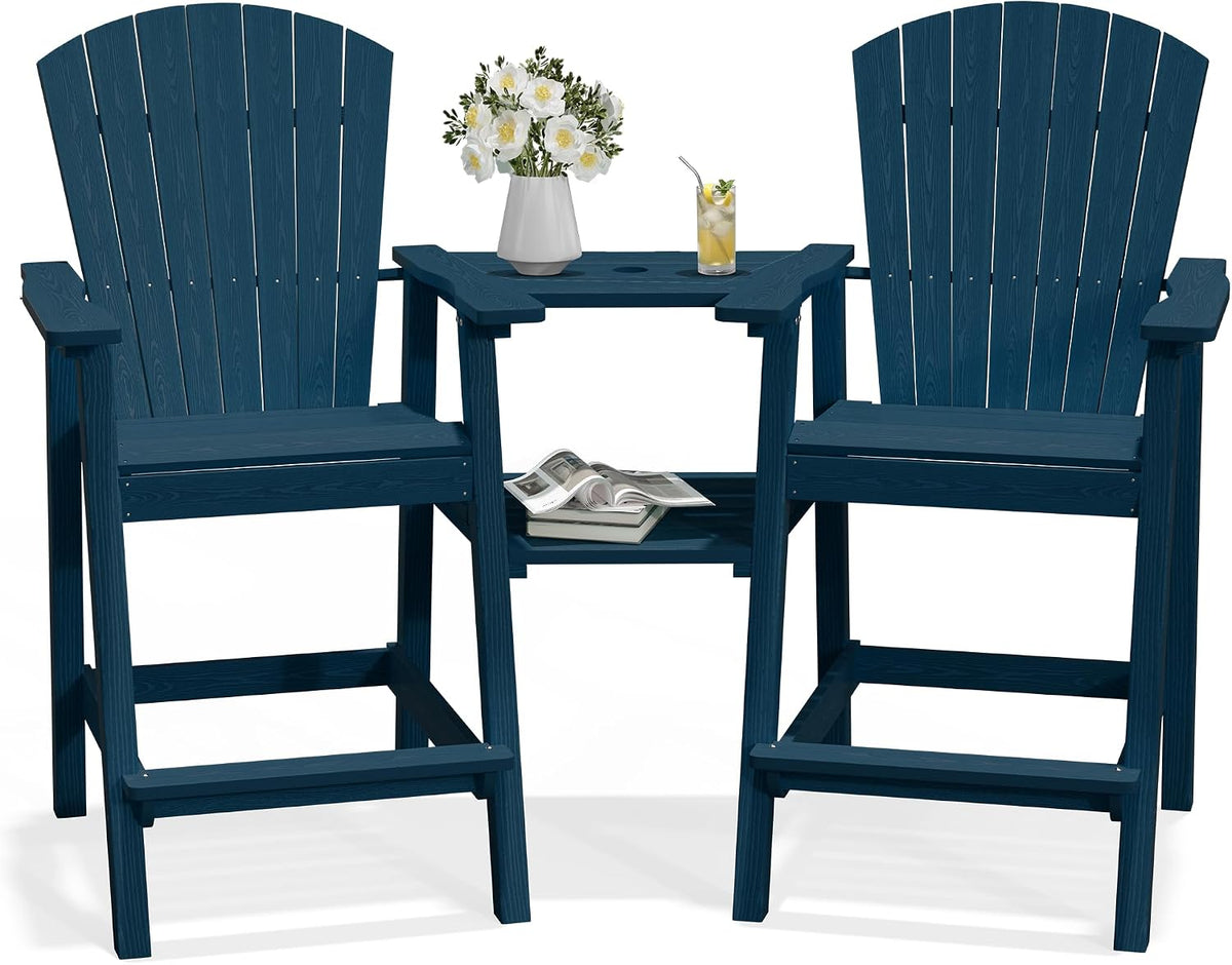 Tall Adirondack Chairs Set of 2 with Double Connecting Trays, Navy | HDPE Bar Height Outdoor Chairs with Umbrella