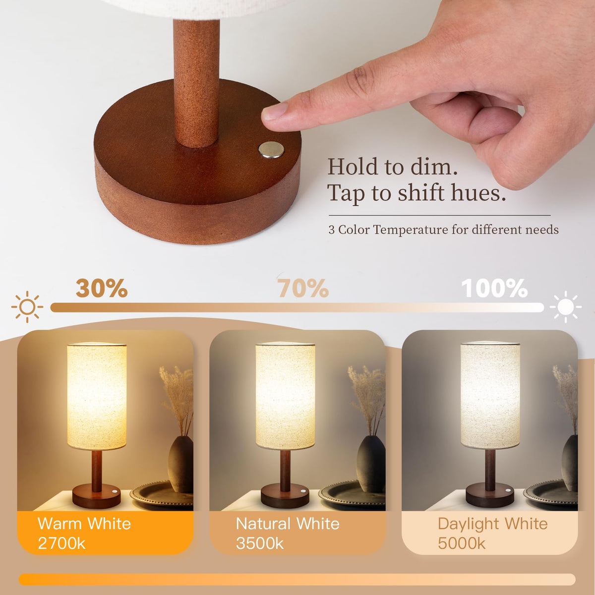 Cordless Table Lamp, 3 Color Portable Battery Lamp Wood Base Touch