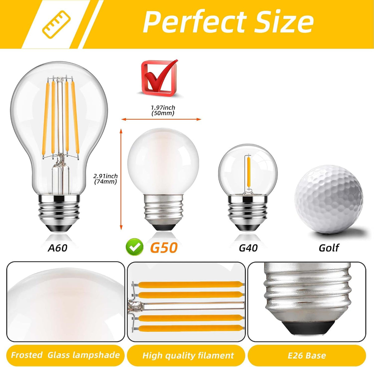 G16.5 E26 Dimmable LED Filament Globe Bulb, 4W/40W Equivalent 2700K Warm White Frosted Glass, Indoor & Outdoor - Set of 6