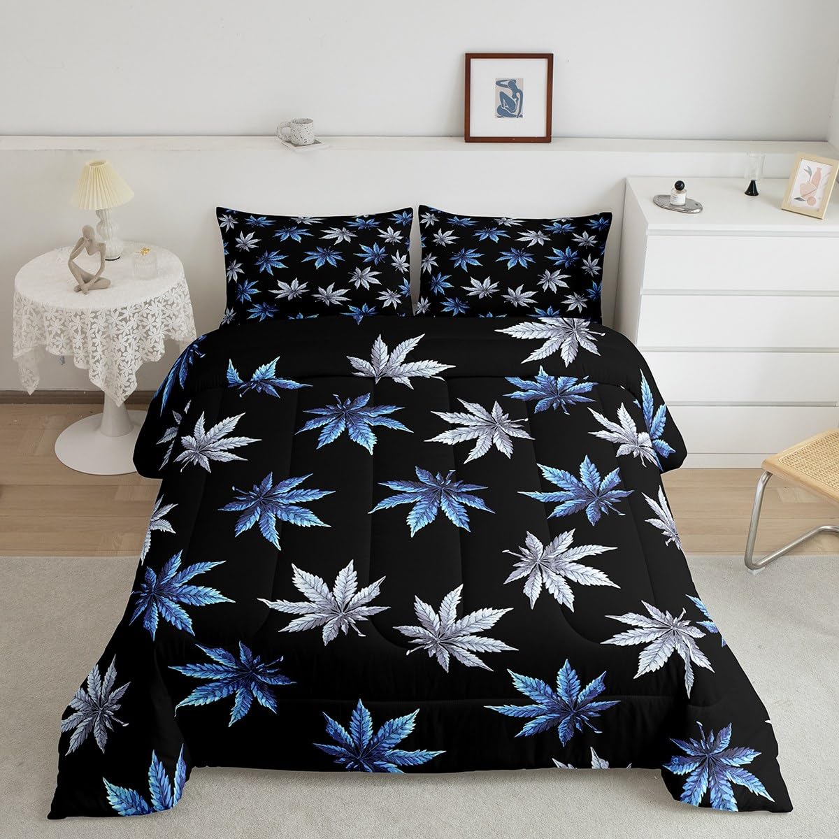 Teal Leaves Comforter Set, Leaves Bedding for Women Men Adults, Tropical Botanical Bedding Comforter Sets, Exotic