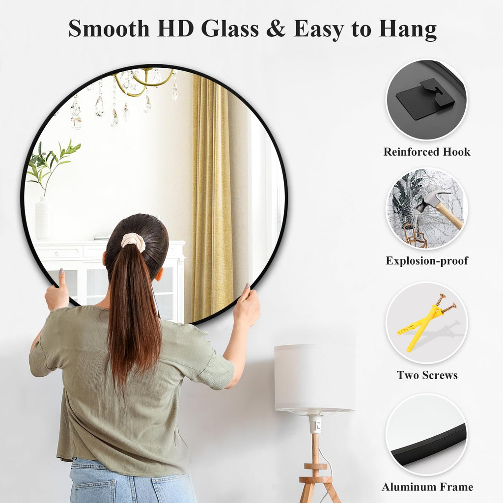 Black Round Mirror 30 Inch, Wall Circle Mirror, Matte Framed