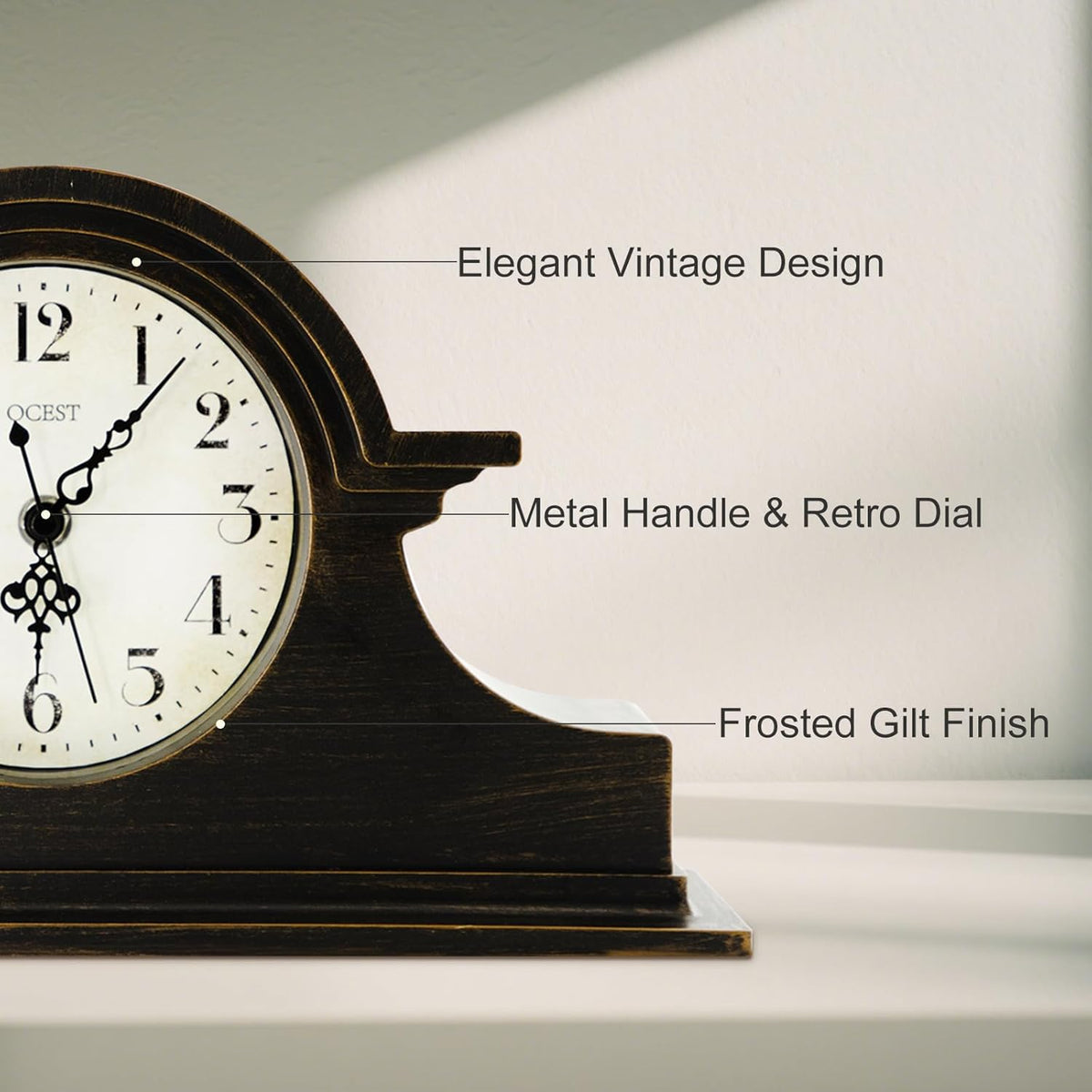 Vintage Farmhouse Mantel Clock - 13 x 7 Inch Quartz Gilt Finish Battery Operated