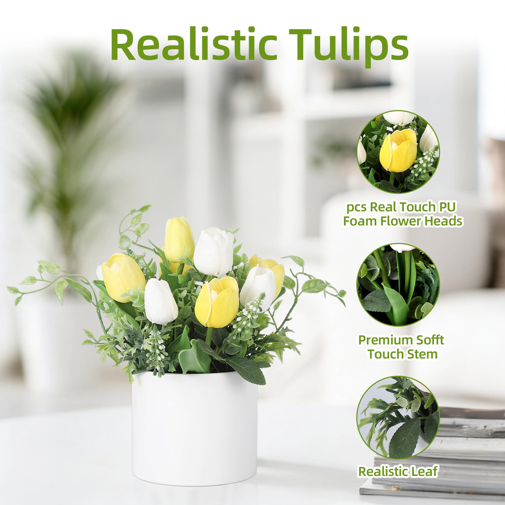 10 Pcs Artificial Tulips with Ceramic Vase, Real Touch PU Fake Tulip Stems for Easter, Spring, Wedding Bouquet, Home