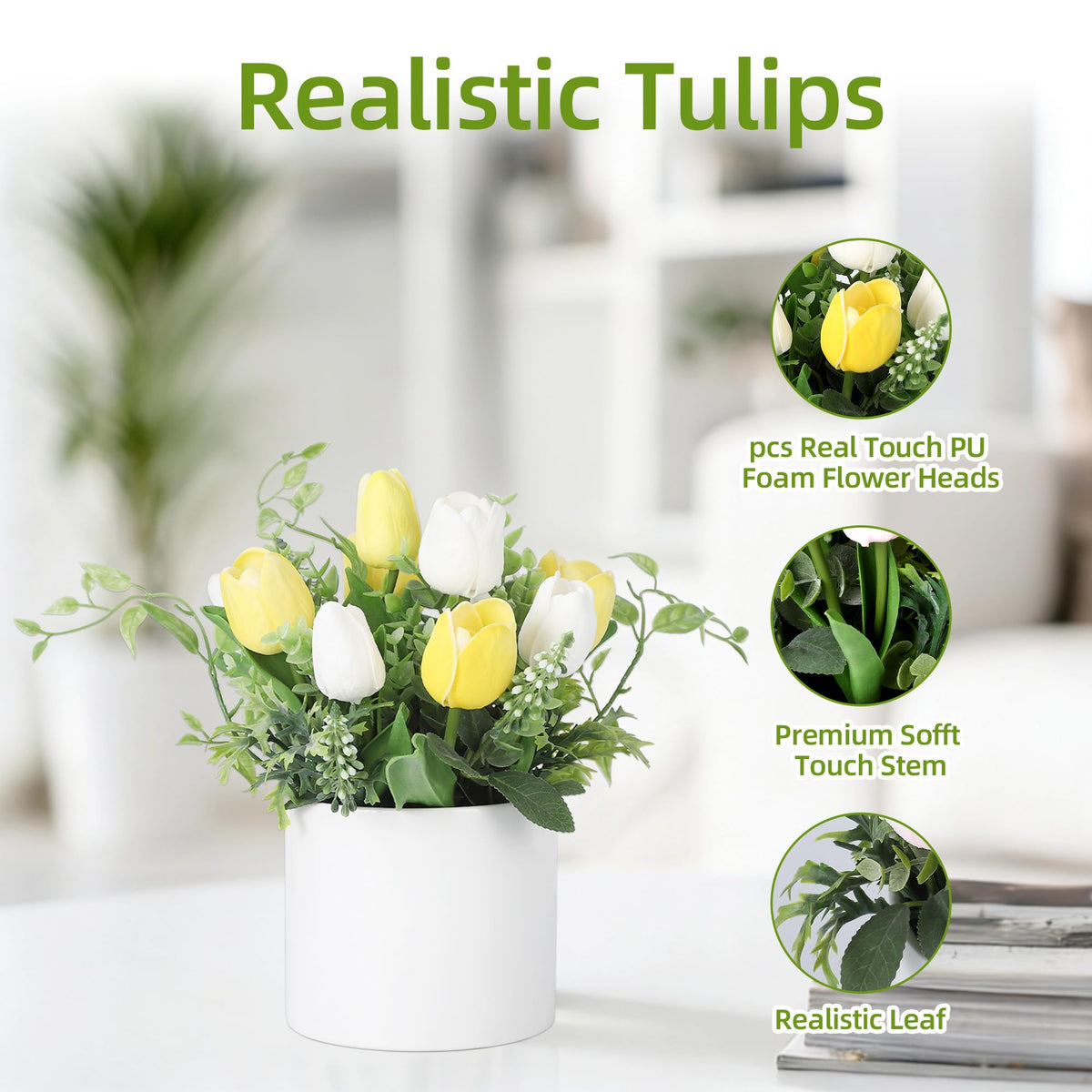 10 Pcs Artificial Tulips with Ceramic Vase, Real Touch PU Fake Tulip Stems for Easter, Spring, Wedding Bouquet, Home